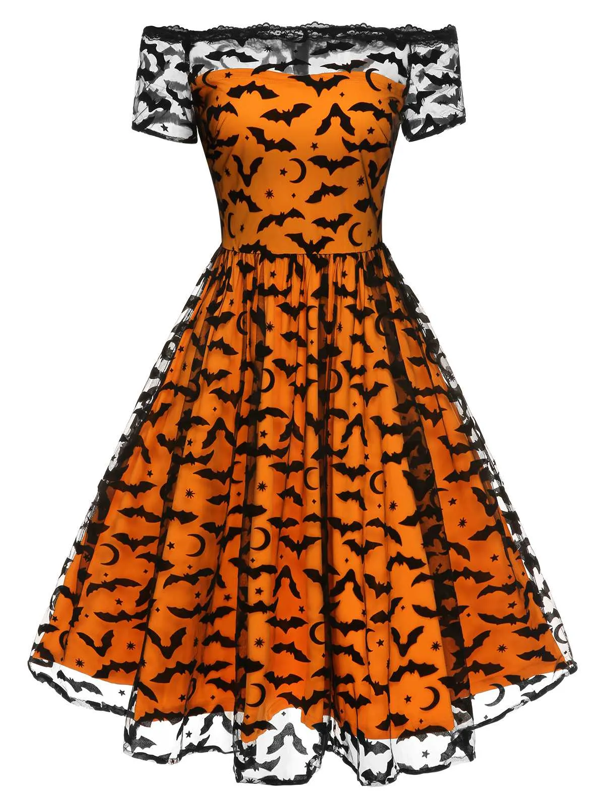 1950s Halloween Lace Off-shoulder Swing Dress