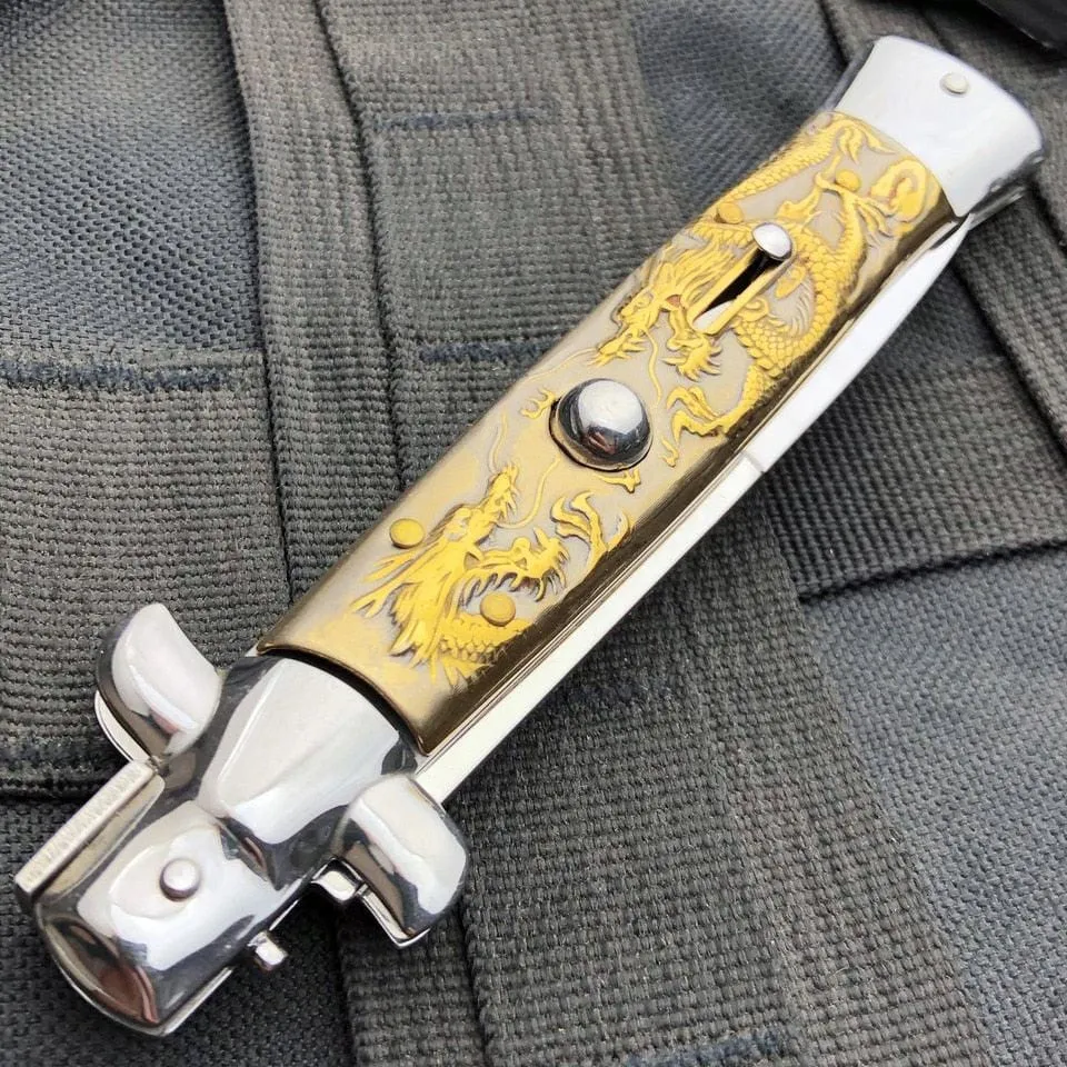 9.5" Italian Style Stiletto Switch Blade Pocket Knife Dragon