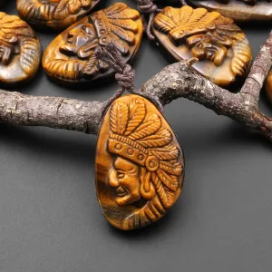 AAA Hand Carved Natural Tiger's Eye Native American Indian Face Pendant Side Drilled Gemstone Focal Bead A1