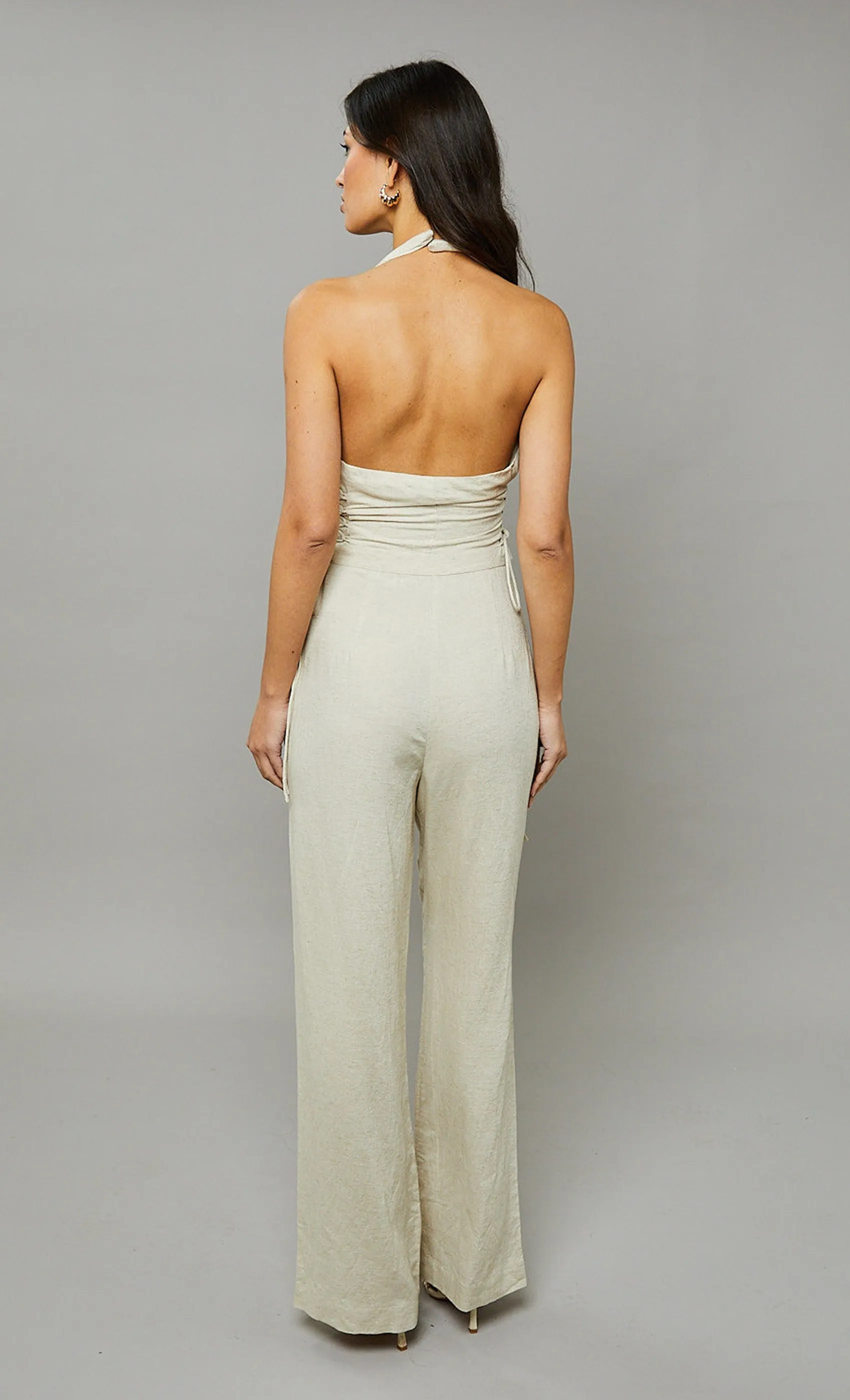 Beige Linen Halterneck Lace-Up Jumpsuit