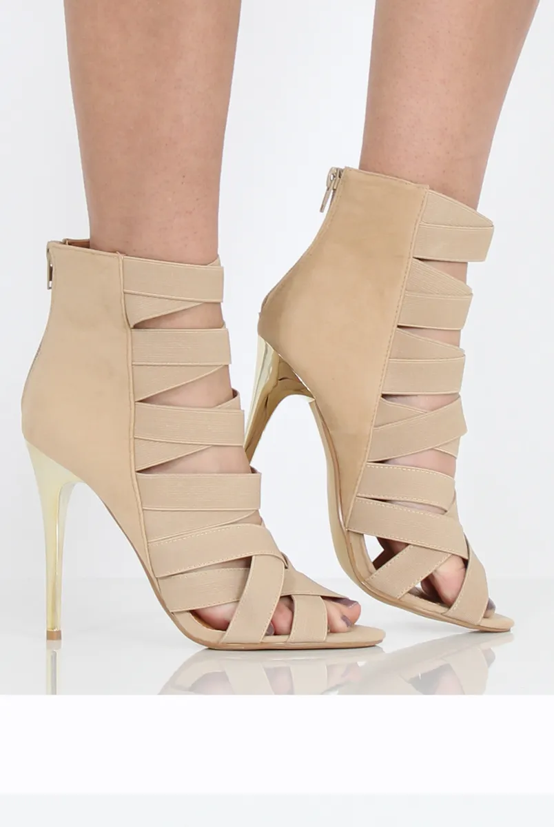 Beige Suede Strappy Elastic Heels - Heaven