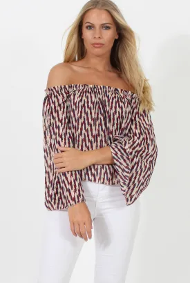 Burgundy, Beige and Navy Pattern Bardot Three Quarter Bell Sleeve Crop- Chantelle