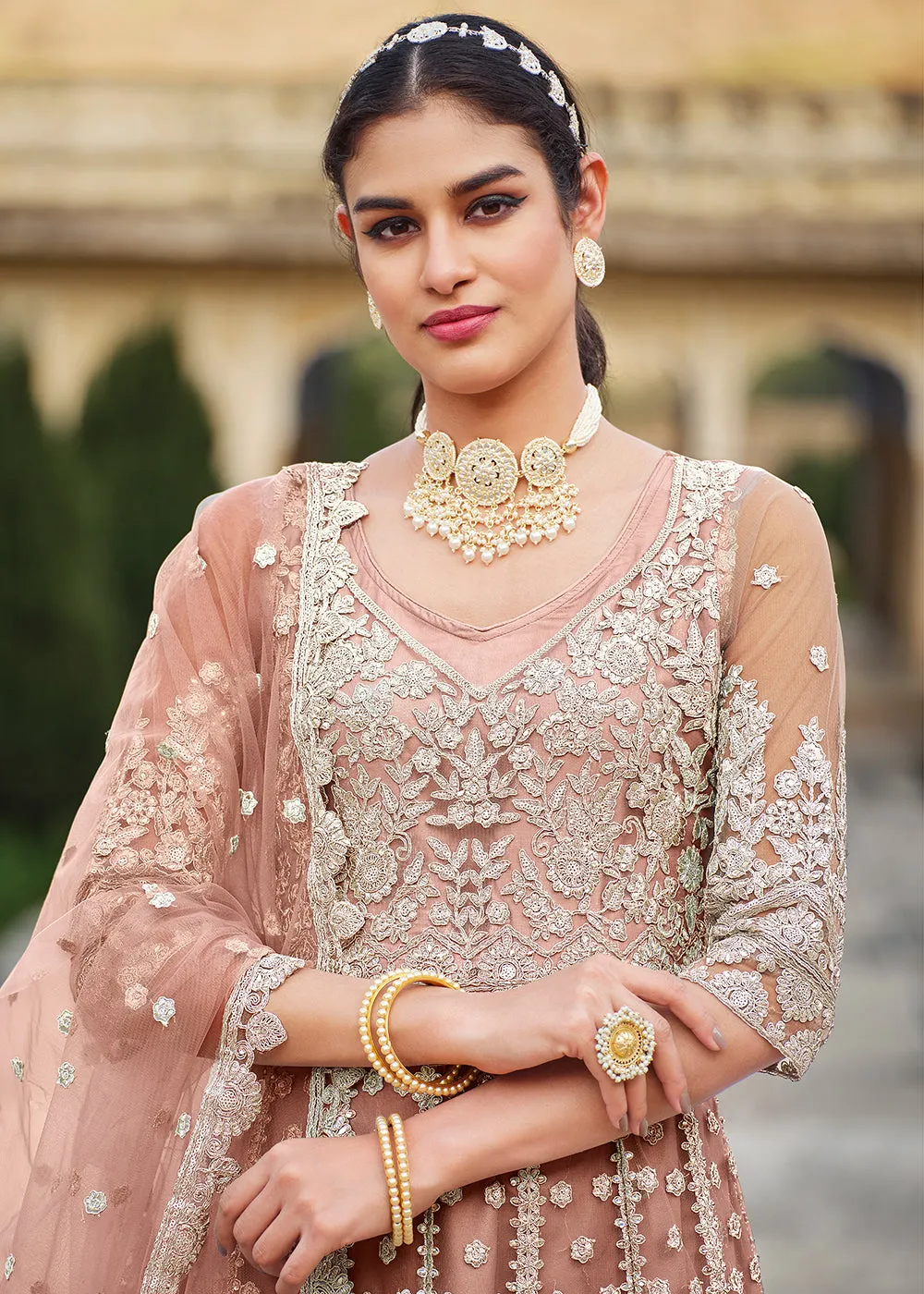 Butterfly Net Peach Embroidered Wedding Bridesmaid Anarkali Suit