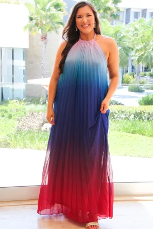 By the Water Ombre Pleated Halter Maxi Dress: Blue Multi