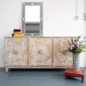 Carved 3 Door Buffet Sideboard in Solid Hard Wood