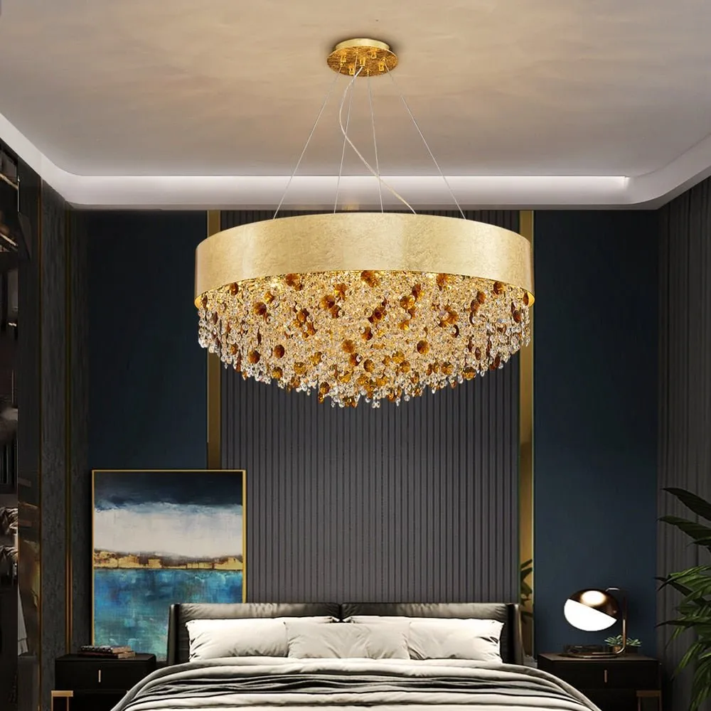 Creative Crystal Chandelier Modern Living Room Lighting New Design LED Hanging Lamp Round Gold