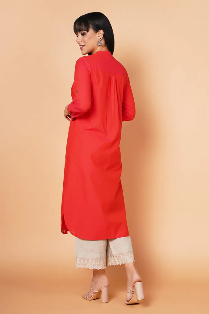 Deep Coral Embroidered Round Hem Kurta