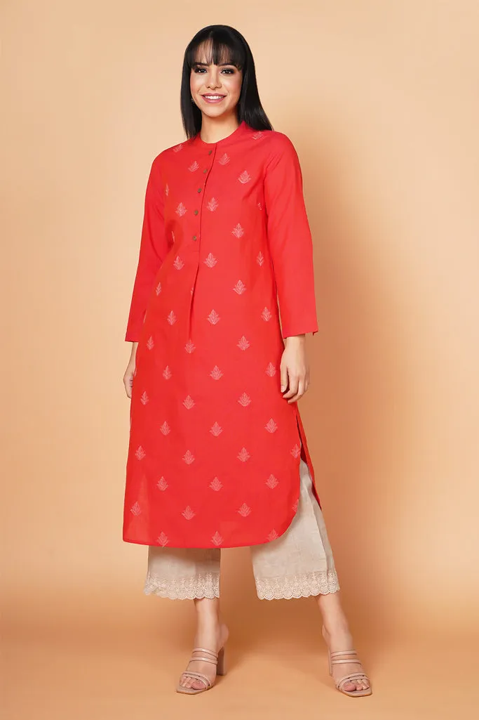 Deep Coral Embroidered Round Hem Kurta