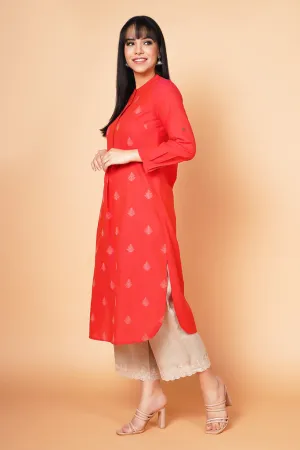 Deep Coral Embroidered Round Hem Kurta