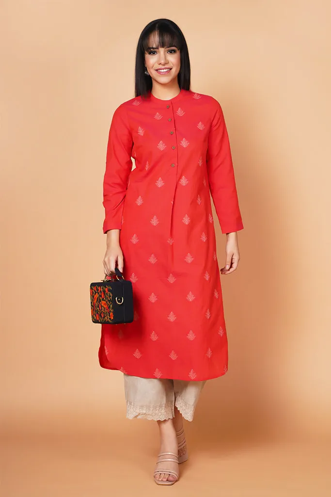 Deep Coral Embroidered Round Hem Kurta