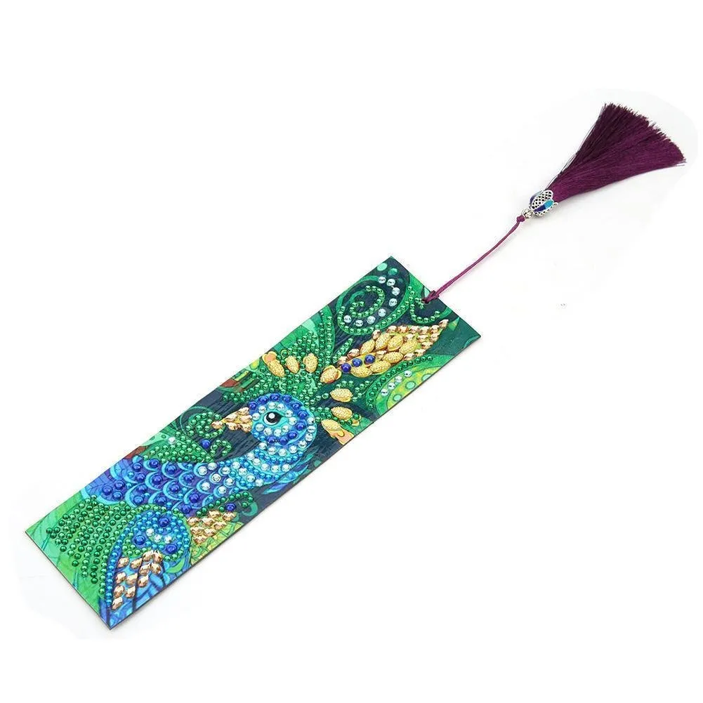 DIY Peafowl Special Shaped Diamond Painting Leather Tassel Bookmark