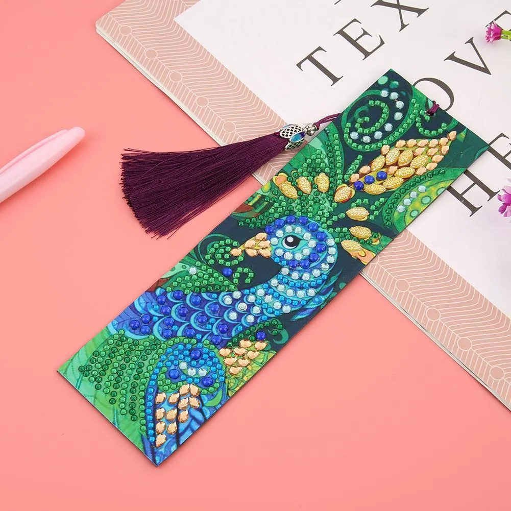 DIY Peafowl Special Shaped Diamond Painting Leather Tassel Bookmark