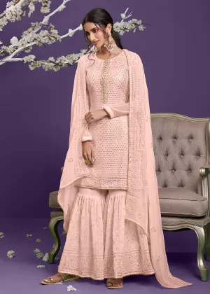 Dusty Peach Khatli Work Embroidered Georgette Sharara Suit