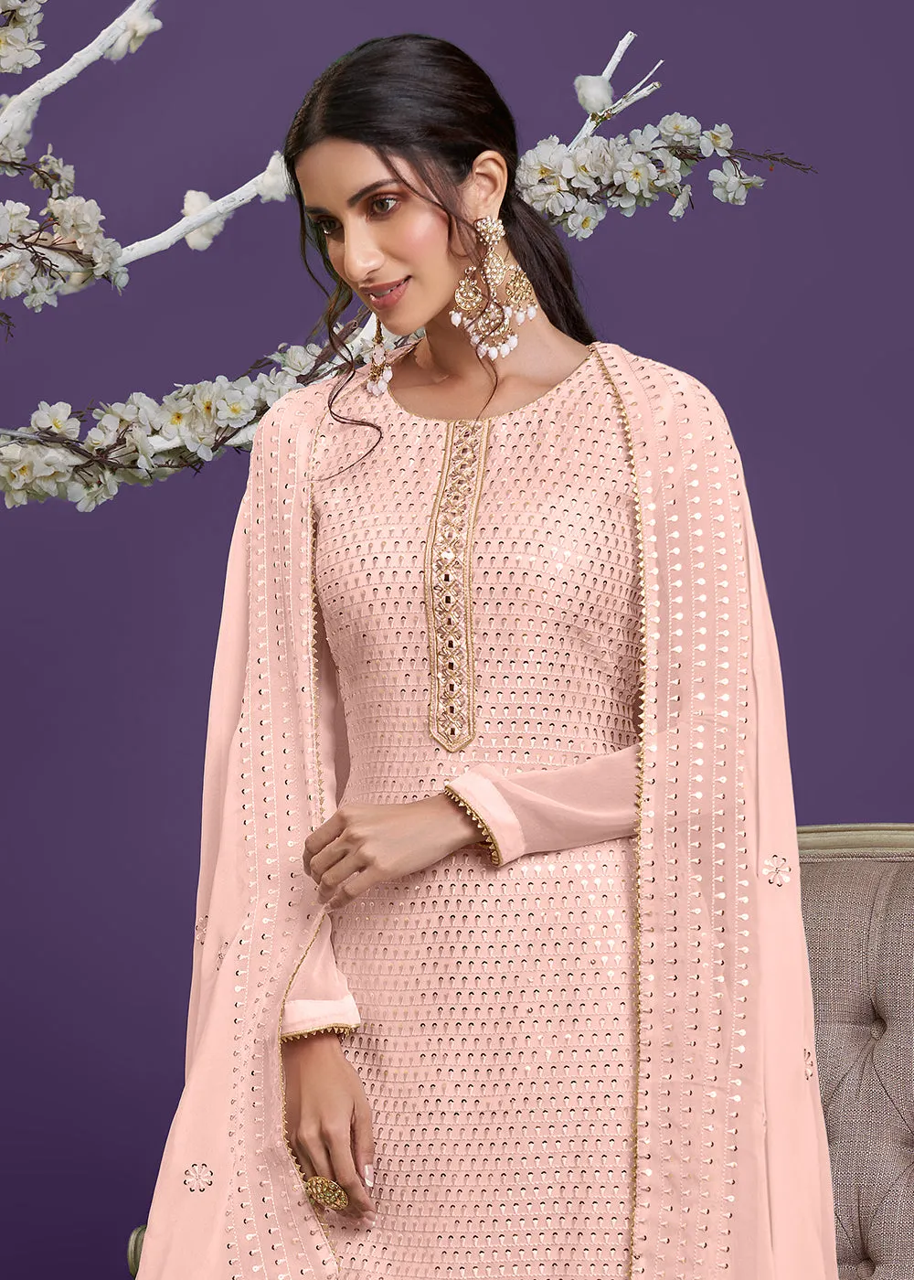 Dusty Peach Khatli Work Embroidered Georgette Sharara Suit