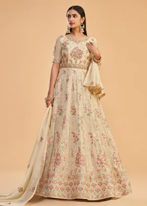 Dusty Yellow Multi Thread Embroidered Georgette Anarkali Gown