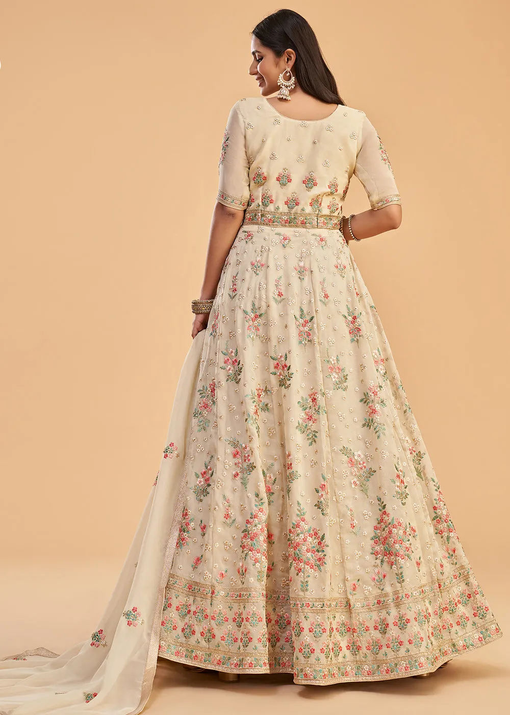 Dusty Yellow Multi Thread Embroidered Georgette Anarkali Gown