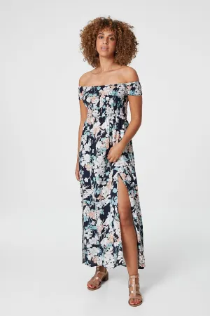 Floral Bardot Shirred Maxi Dress