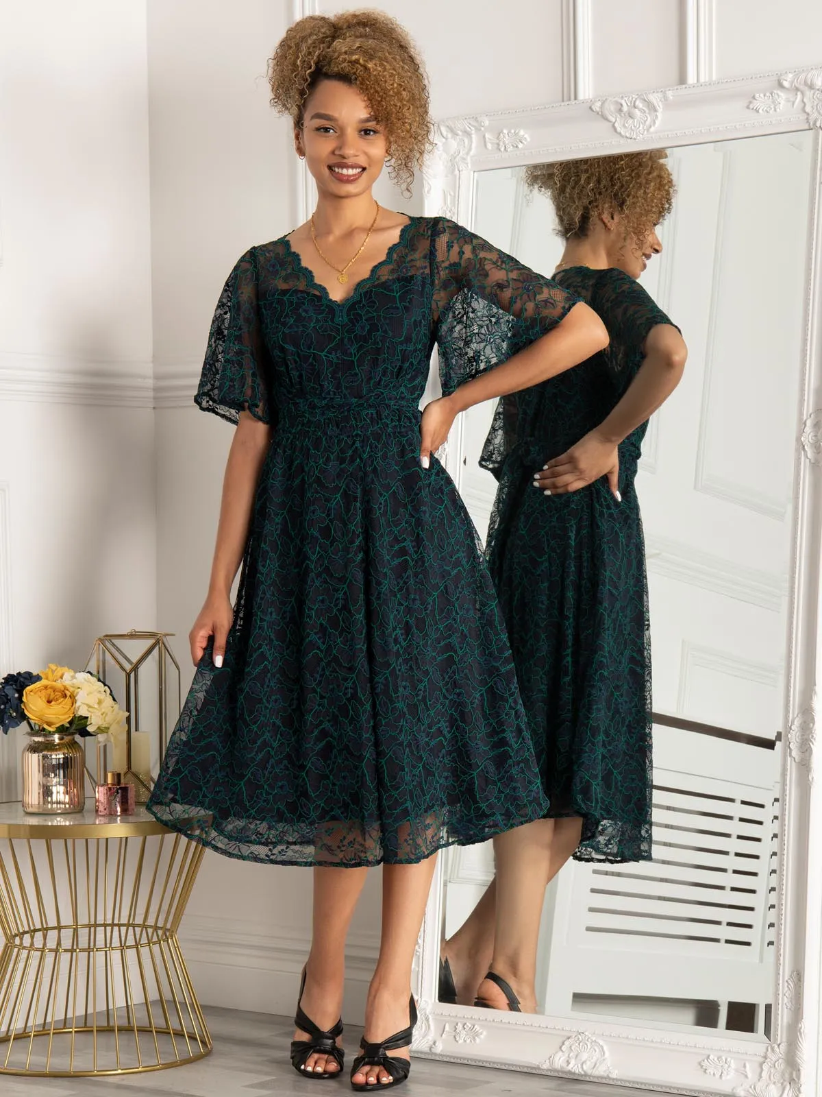 Jolie Moi Flare Sleeved Lace Midi Dress Navy