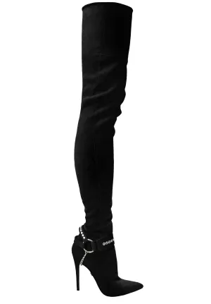 LACIA II CRYSTAL-EMBELLISHED STRETCH SUEDE THIGH-HIGH BOOTS