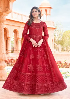 Long Length Pretty Red Embroidered Net Anarkali Suit