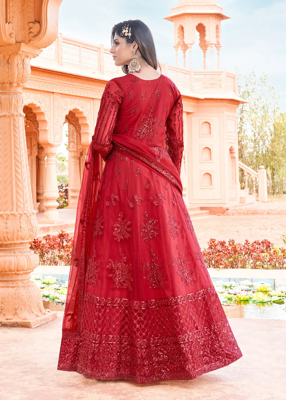 Long Length Pretty Red Embroidered Net Anarkali Suit