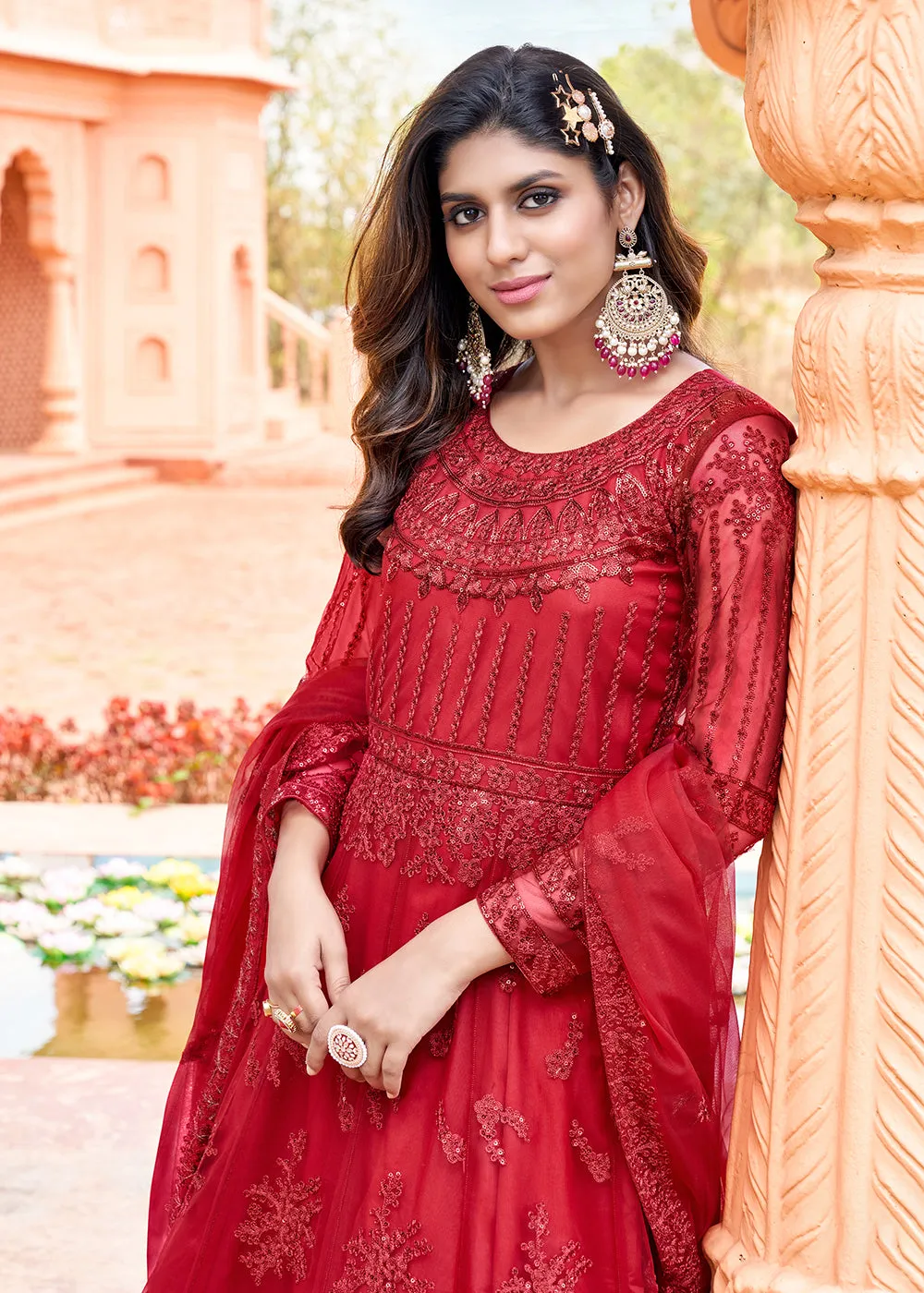 Long Length Pretty Red Embroidered Net Anarkali Suit