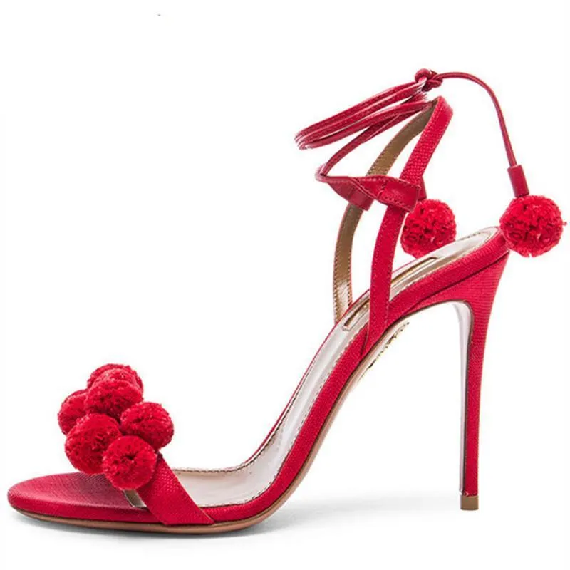 POM POM Red High Heel Sandals