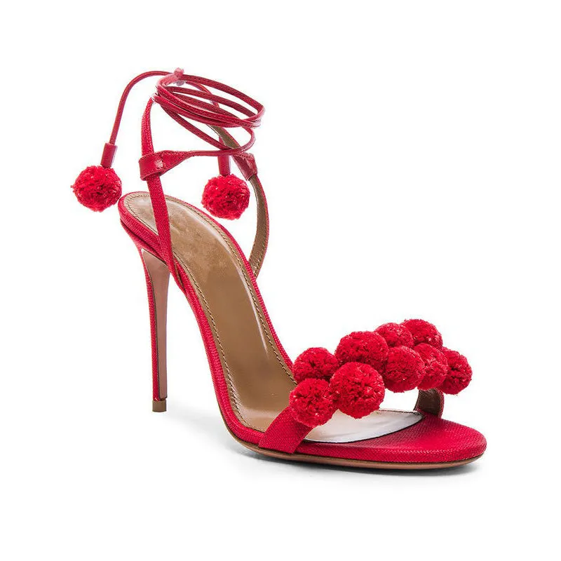 POM POM Red High Heel Sandals