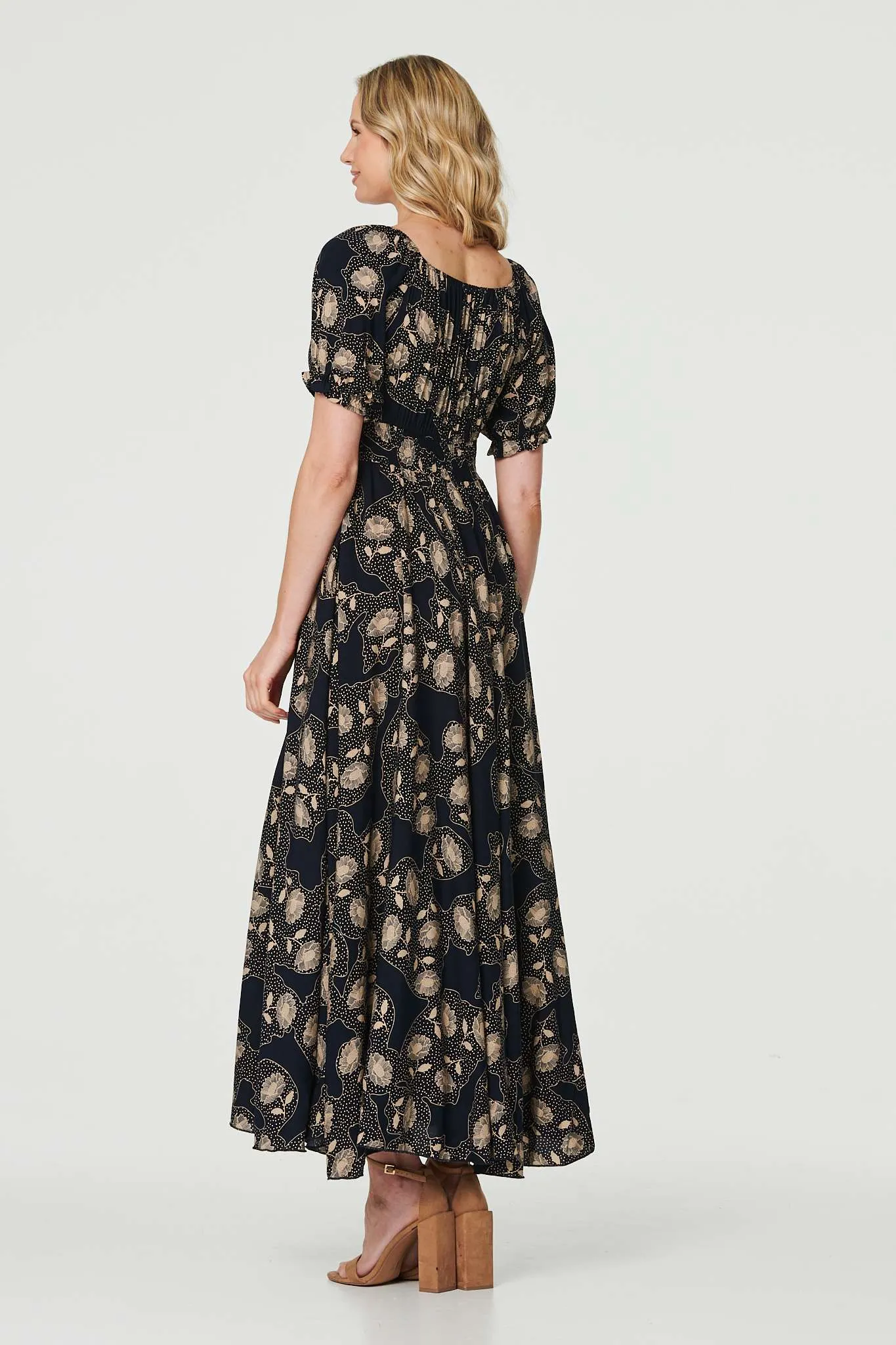 Printed Shirred Waist Maxi Dress