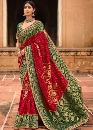 Red & Green Woven Dola Silk Saree Having Khatli work on Border & Blouse