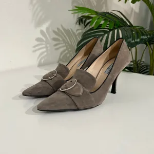 Sale! Prada Grey Suede Buckle Heels