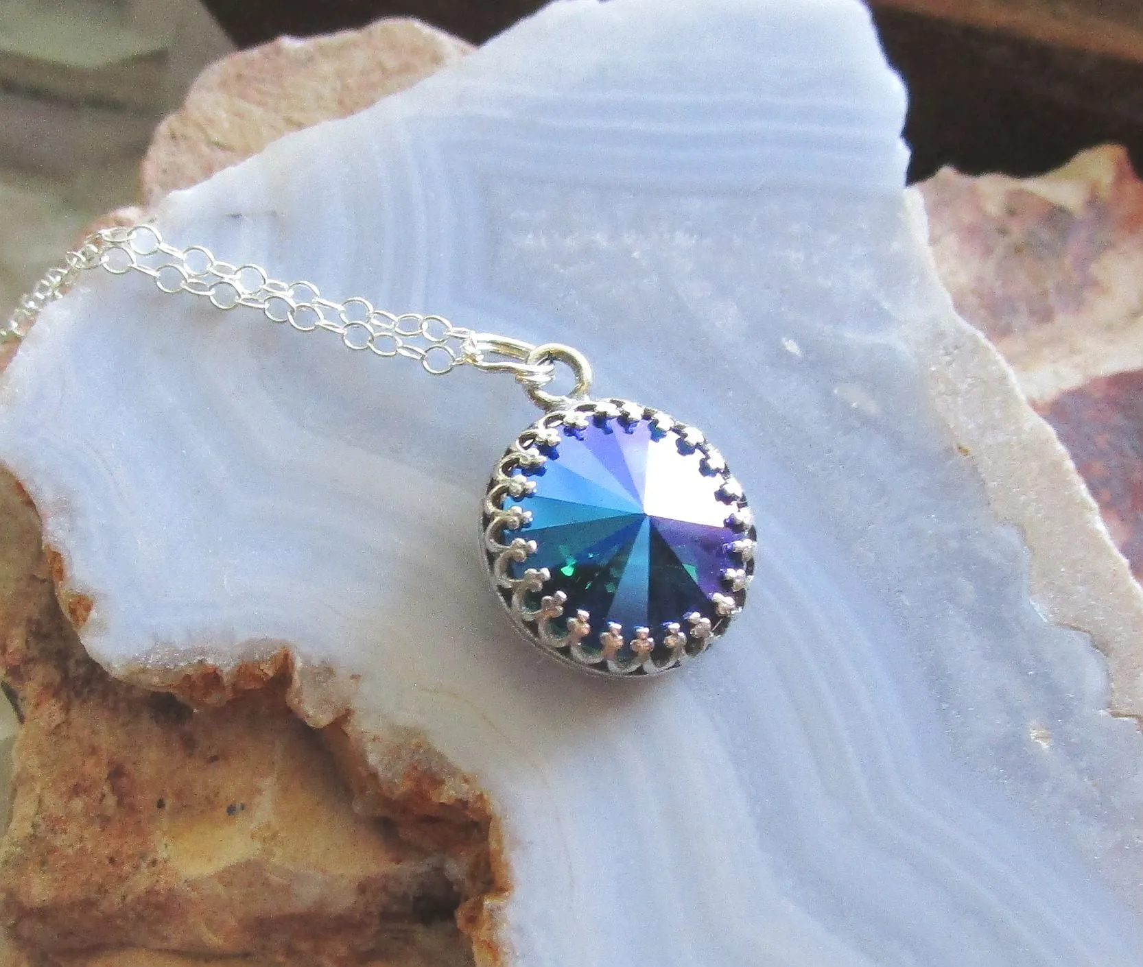 Sapphire Glacier Blue Rivoli Crystal Sterling Silver Pendant Necklace