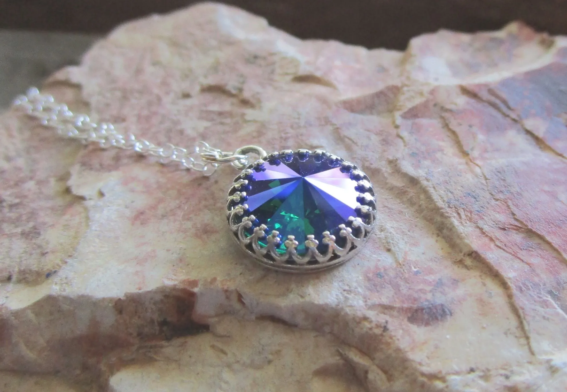 Sapphire Glacier Blue Rivoli Crystal Sterling Silver Pendant Necklace