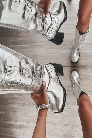 Step Aside Stunner Silver Metallic Moto Boot