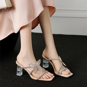 Sweet Crystal-embellishment Butterfly Detail Leather Slippers 75mm Block Heel in Silver/Pink