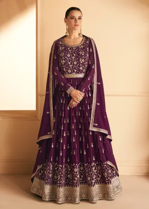 Tempting Real Georgette Purple Wedding Wear Anarkali Suit