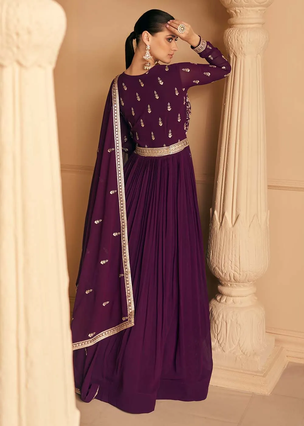 Tempting Real Georgette Purple Wedding Wear Anarkali Suit