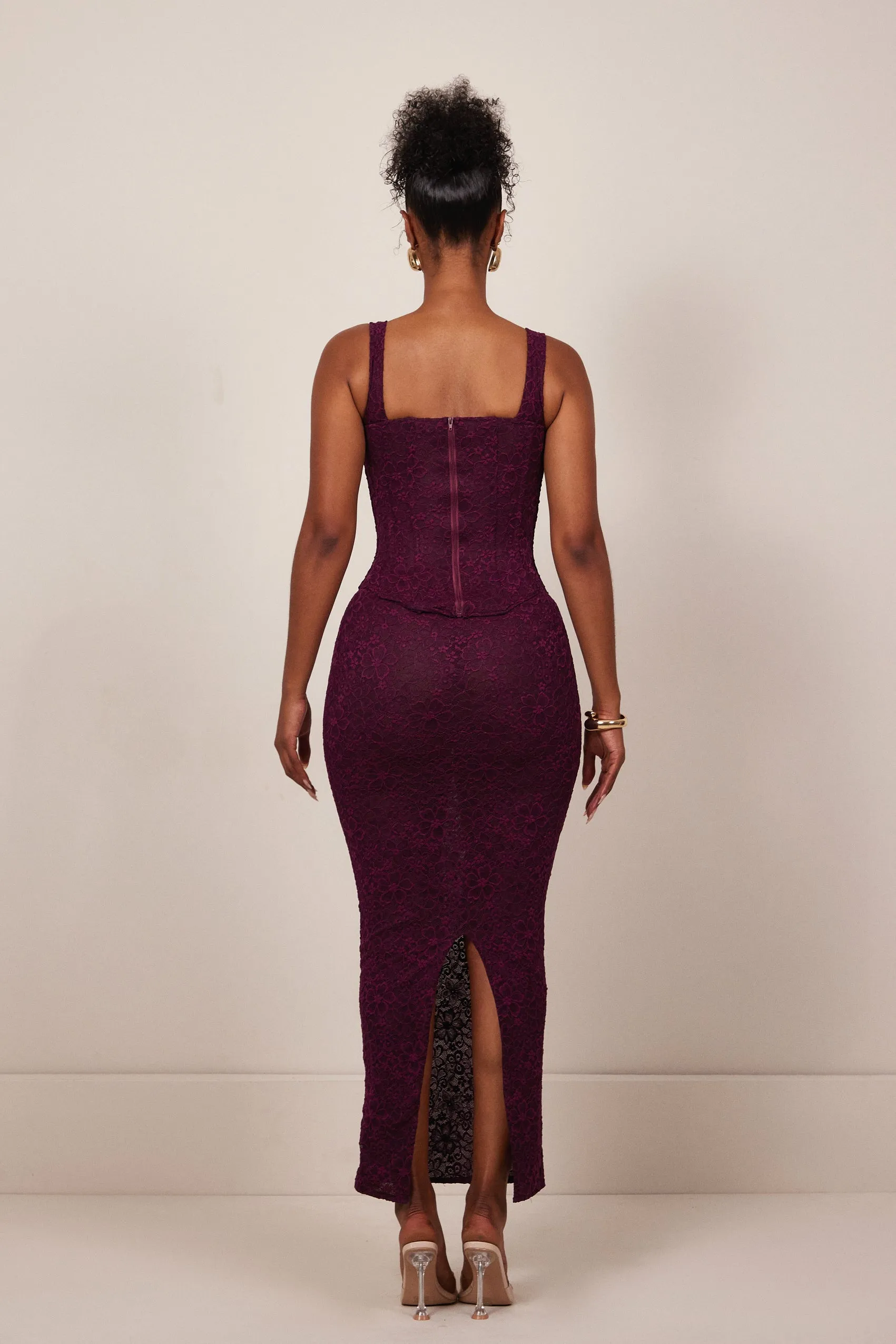 The Cinched Lace Corset Maxi Set - Plum