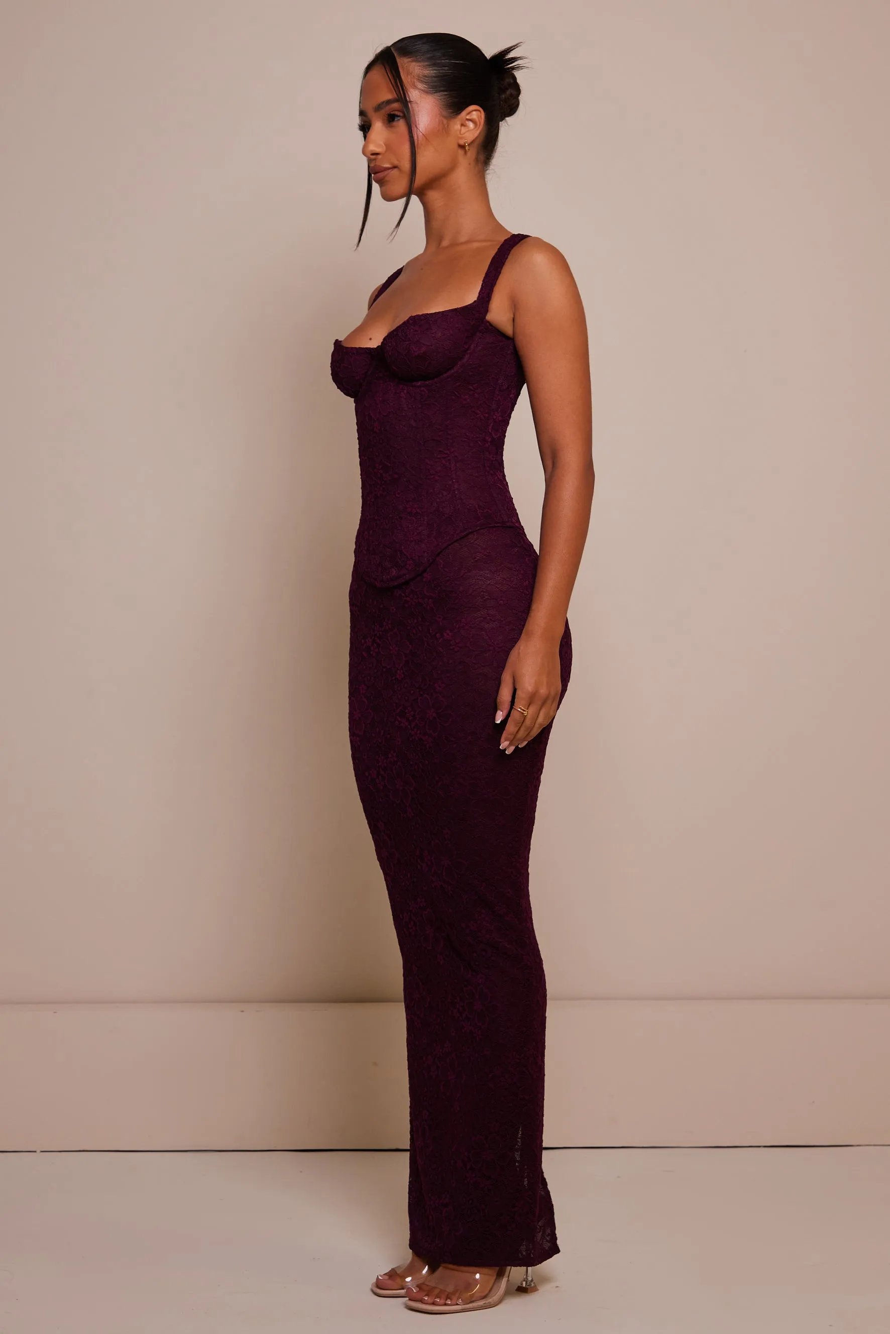 The Cinched Lace Corset Maxi Set - Plum