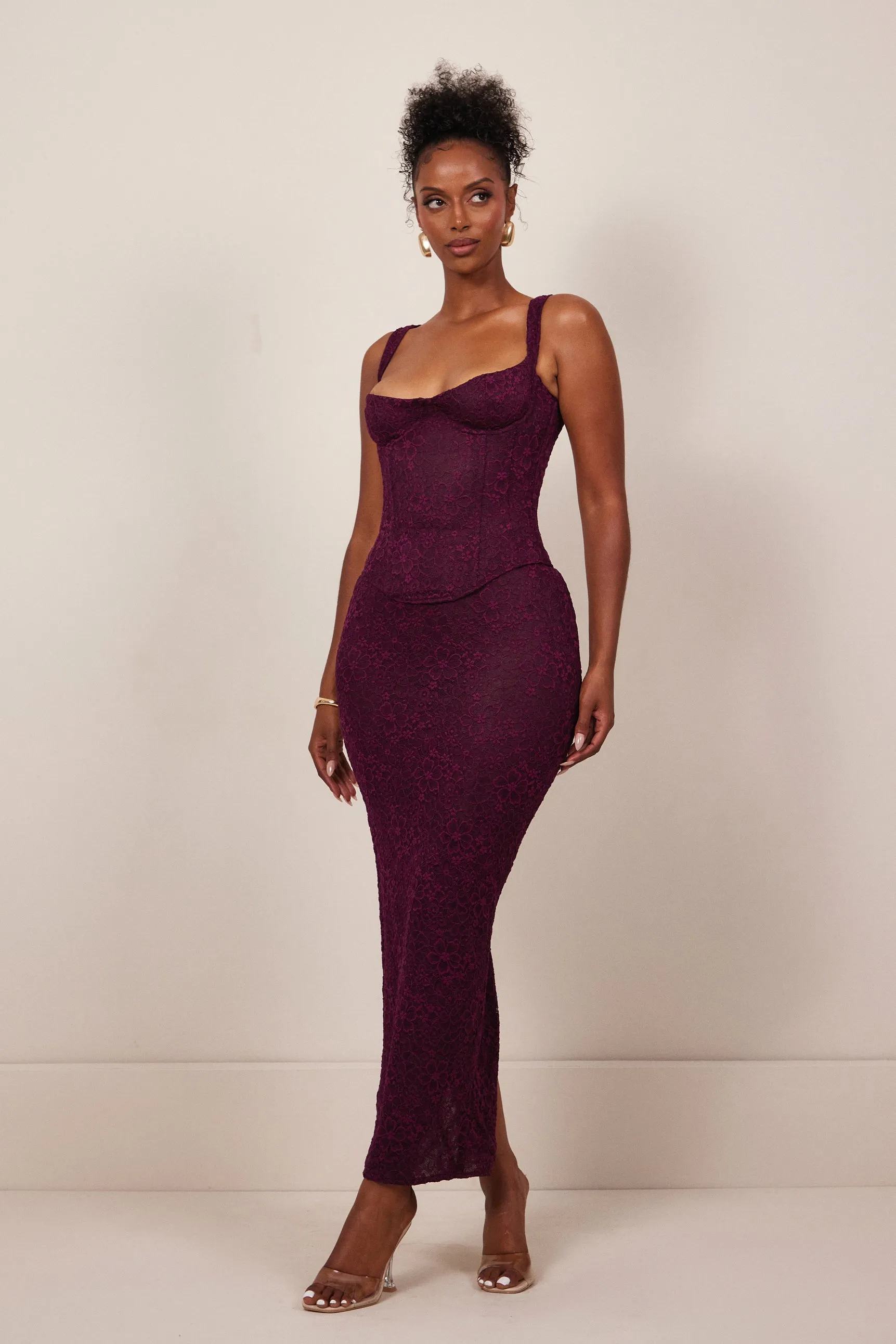 The Cinched Lace Corset Maxi Set - Plum