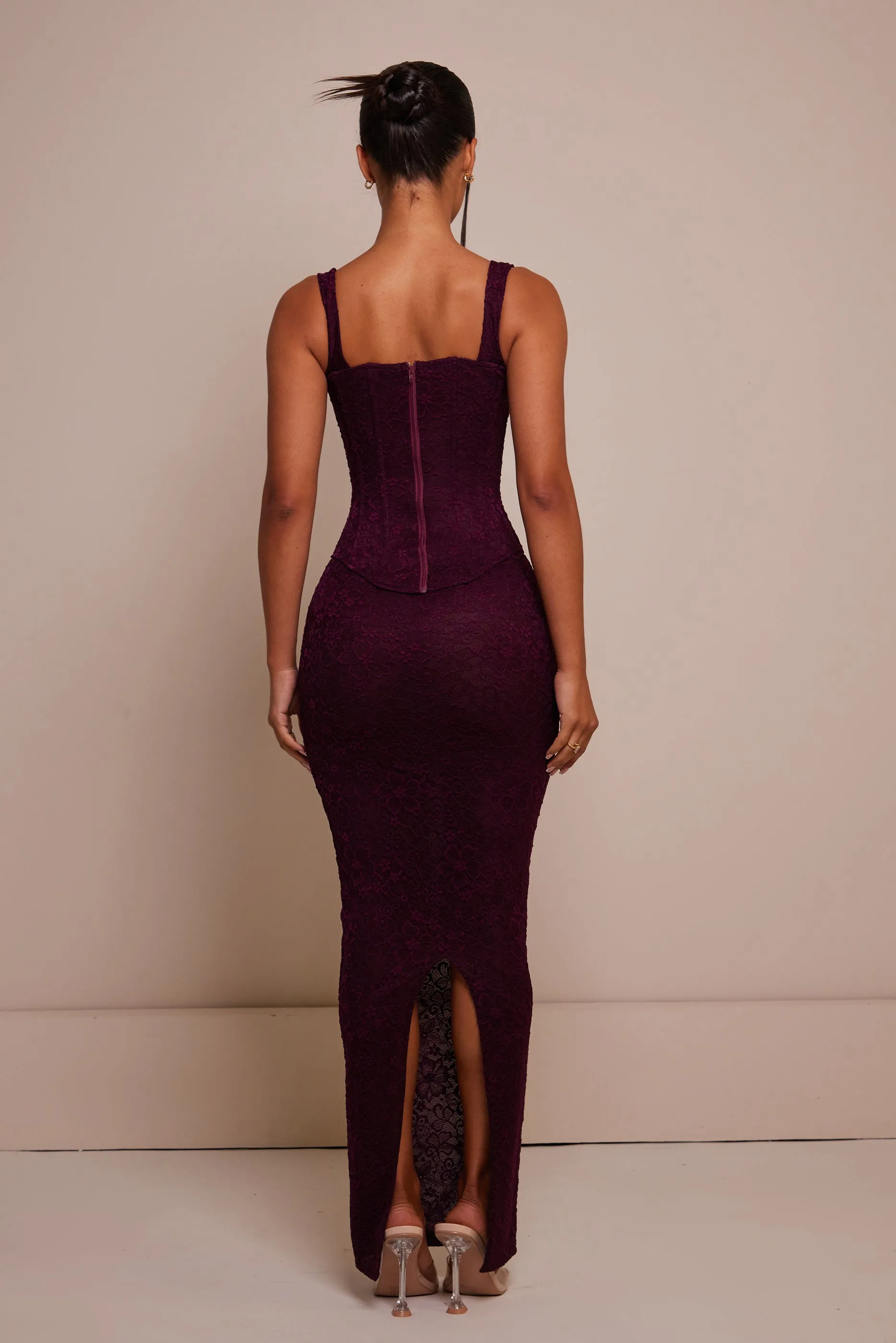 The Cinched Lace Corset Maxi Set - Plum