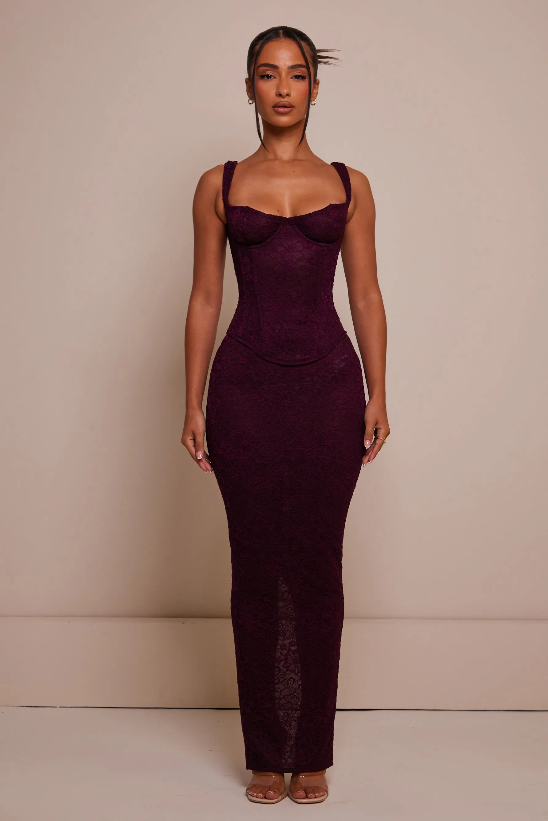 The Cinched Lace Corset Maxi Set - Plum