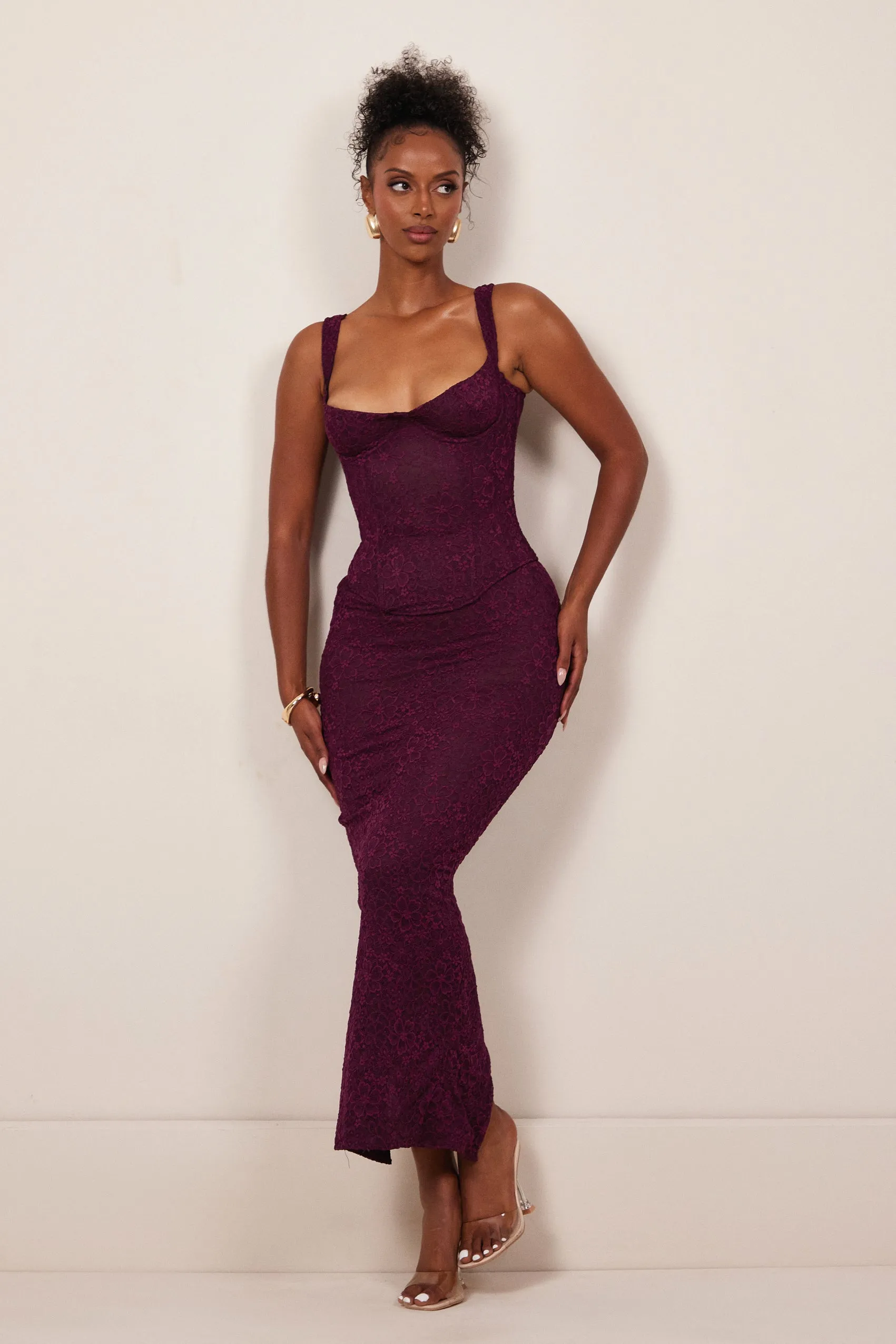 The Cinched Lace Corset Maxi Set - Plum