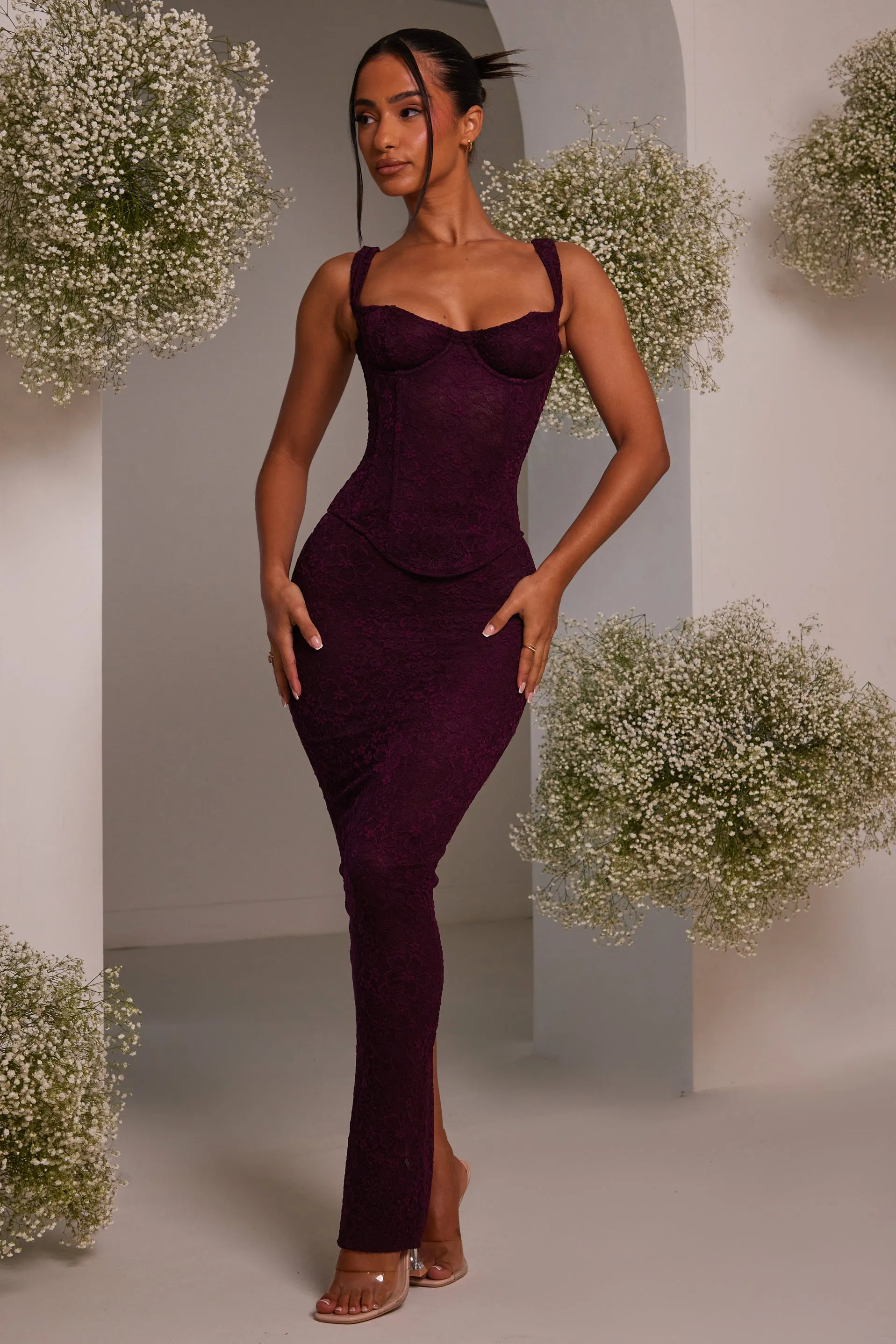 The Cinched Lace Corset Maxi Set - Plum