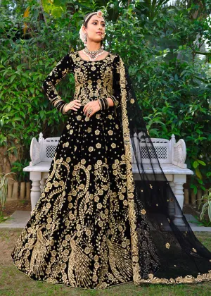 Velvet Radiant Black Stone Cording Bridal Style Lehenga Choli