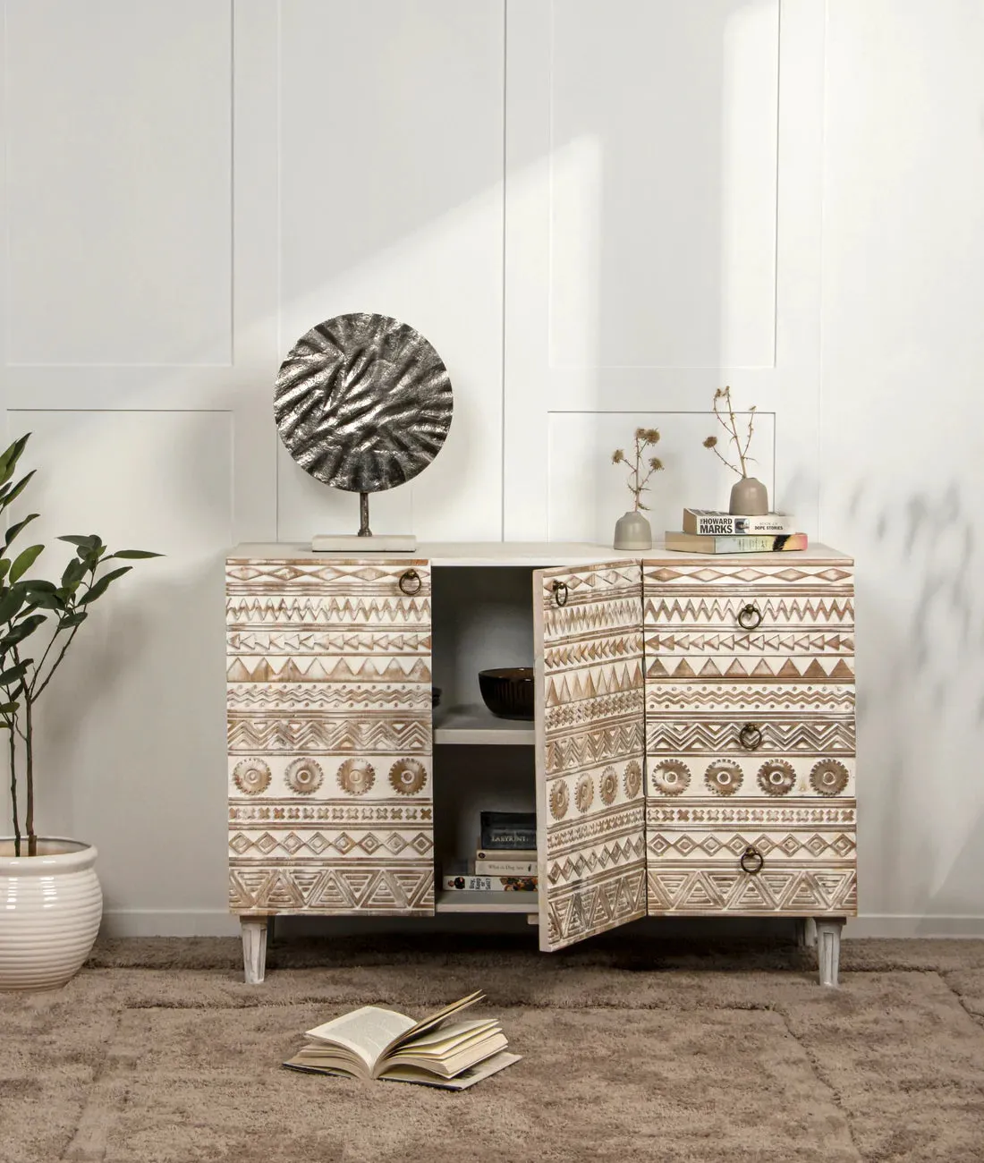 Vintage Carved Mango Wood Sideboard Whitewash