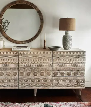 Vintage Carved Mango Wood Sideboard Whitewash